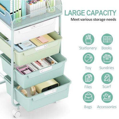 SYKIARIOL 4-Drawer Rolling Storage Cart with Mesh Top,Green - color: Gradient Green