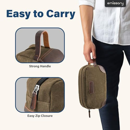 emissary Men's Canvas Travel Toiletry Bag, Leather Dopp Kit - Brown - color: Brown