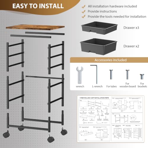 Goovilla Rolling Cart with 5 Drawers for Craft, Art, Dorm, Office, Black - size: Black