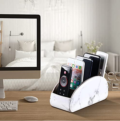 YAPISHI All-in-One Leather White TV Remote Holder with 5 Compartments - color: Marble White, size: Large