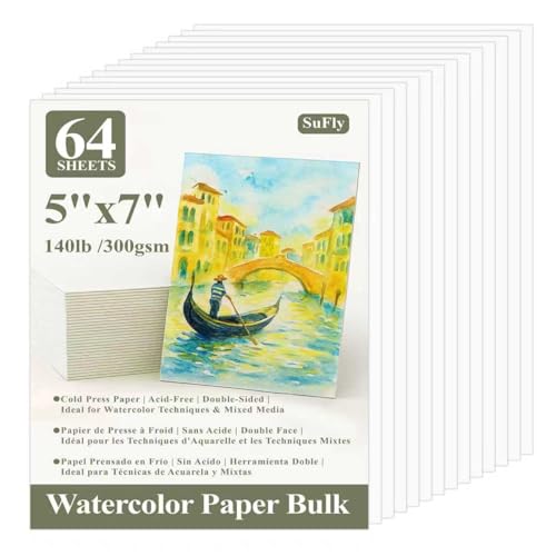 SuFly Water Color Paper 5"x 7", 140lb Cold Press Watercolor Paper_64 Sheets