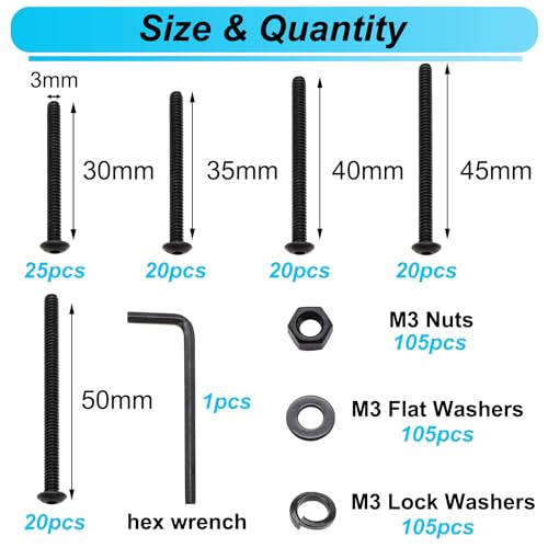 420PCS Black M3 Button Head Hex Socket Cap Screws, M3 x 30/35/40/45/50mm Metric Screws Bolts Nuts Washers Assortment Kit, 10.9 Grade Alloy Steel - size: M3-420PCS