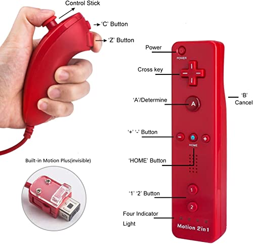 Motion Plus Wii Controllers 2Packs with Nunchucks, Wii Remote Controllers Compatible for wii and Wii U with Built in Motion Plus - color: red+red