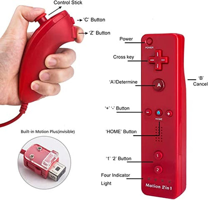 Motion Plus Wii Controllers 2Packs with Nunchucks, Wii Remote Controllers Compatible for wii and Wii U with Built in Motion Plus - color: red+red