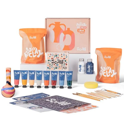 Sculpd Pottery Kit for Adults, Air Dry Clay with Tools, Earth Tones - style: Gloss Varnish with Earth Tones