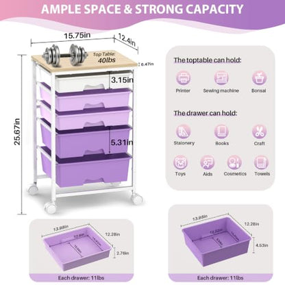 Goovilla Rolling Cart with 5 Drawers for Craft, Art, Dorm, Office, Purple - size: Purple