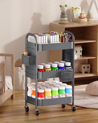 ALVOROG 3 Tier Metal Rolling Utility Cart with Pegboards,Baskets,Hooks,Gray - color: Grey