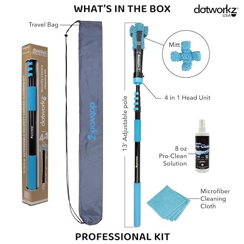 DomeWizard™ Compact 13' Security Camera Cleaning Kit with Pole – Streak-Free Lens Cleaner for Dome, PTZ, Mini Dome & Bullet Cameras – Reusable Microfiber Mitt + 8oz Cleaning Solution - size: 13' Cleaning Kit