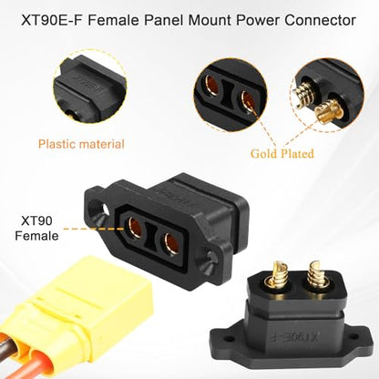 QIANRENON Fixable XT90 Female Soldering Adapter Gold Plated XT90E-F Panel Fixed Mount Weld Connector XT90 Lithium Battery Solder Socket 30A, Dust Cover, for Large Model Airplane Drone, Black, 2Pcs - style: F