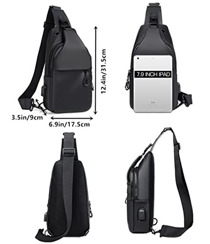 Waterproof Sling Bags Mens Shoulder Crossbody Backpack with USB Charging Port& Headphone,Outdoor Lightweight Bag - color: A-black