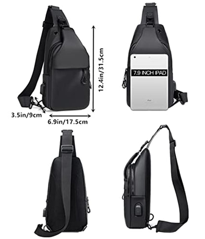 Waterproof Sling Bags Mens Shoulder Crossbody Backpack with USB Charging Port& Headphone,Outdoor Lightweight Bag - color: A-black
