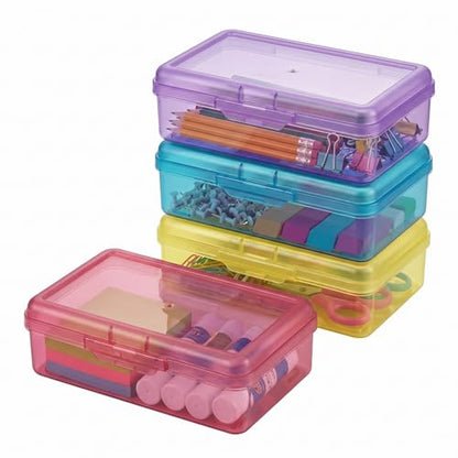 novelinks 5x8 Inch Plastic Pencil Box, Small Clear Storage Bins with Lids - size: 4 Pack
