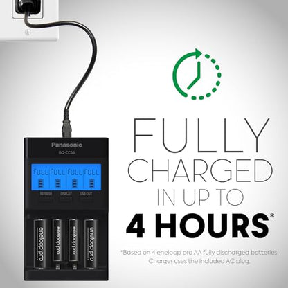 Panasonic BQ-CC65AKBBA Super Advanced eneloop pro and eneloop 4-Position Quick Charger with LCD Indicator Panel and USB Charging Port, Black - size: (Pack of 1)