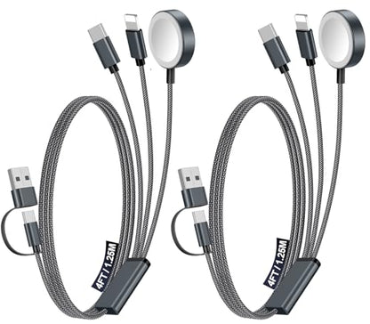 2Pack Travel Essentials for Apple Watch Charger,3-in-2 Multi Charging Cable - color: Black, size: 2Pack-4FT