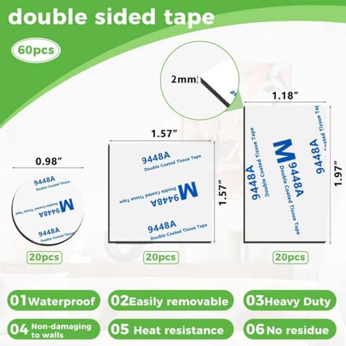 Double Sided Foam Tape Strong Pad Mounting,Black Self-Adhesive Tape Include Square Round and Rectangular(60Pcs)