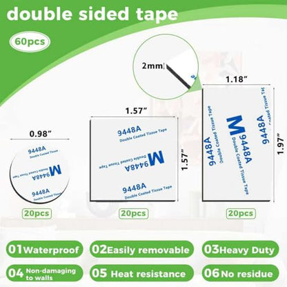 Double Sided Foam Tape Strong Pad Mounting,Black Self-Adhesive Tape Include Square Round and Rectangular(60Pcs)