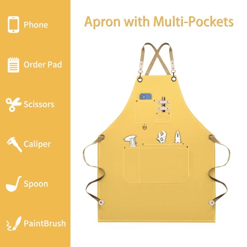 Dulabi Apron, Adjustable Chef Apron for Women and Men with Large Pockets, Cooking Kitchen Apron with Back Straps - color: Buff