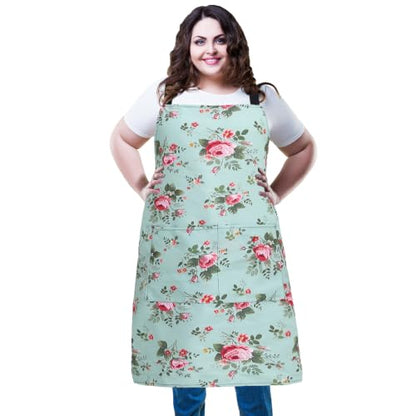 Plus Size Adjustable Bib Apron Water Resistant Canvas Extra Wide Long Ties Aprons with 2 Pockets Kitchen Cooking Gardening - color: Green Rose Pattern