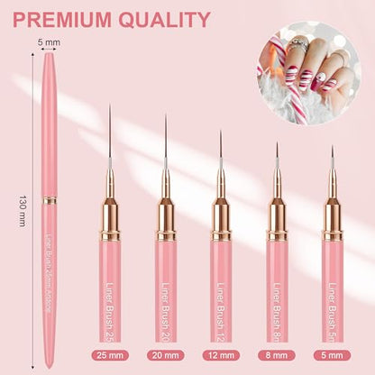 Artdone Metallic Nail Art Pens, Liner Brushes Set, 5PCS Pink Nail Tools - color: Pink Liner Brush Set