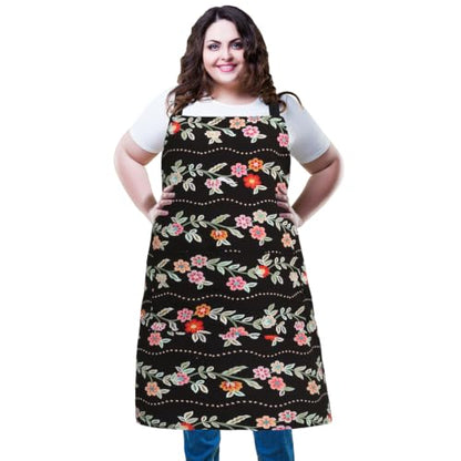 Plus Size Adjustable Bib Apron Water Resistant Canvas Extra Wide Long Ties Aprons with 2 Pockets Kitchen Cooking Gardening - color: Floral Wave Pattern