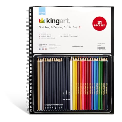 KINGART Drawing & Sketching ART PENCIL SET with Sketch Pad, 31 Pc. Graphite, Charcoal & Colored Pencils, All Skill Levels including Beginner, 31 Pc.