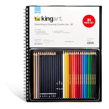 KINGART Drawing & Sketching ART PENCIL SET with Sketch Pad, 31 Pc. Graphite, Charcoal & Colored Pencils, All Skill Levels including Beginner, 31 Pc.
