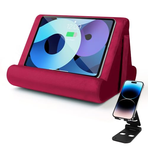 Multi-Angle Tablet Stand with Soft Pad and Net Pocket - Universal Phone and Pad Holder for Lap, Knee, Sofa and Bed (Wine Red) - color: Wine Red