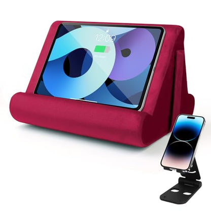 Multi-Angle Tablet Stand with Soft Pad and Net Pocket - Universal Phone and Pad Holder for Lap, Knee, Sofa and Bed (Wine Red) - color: Wine Red