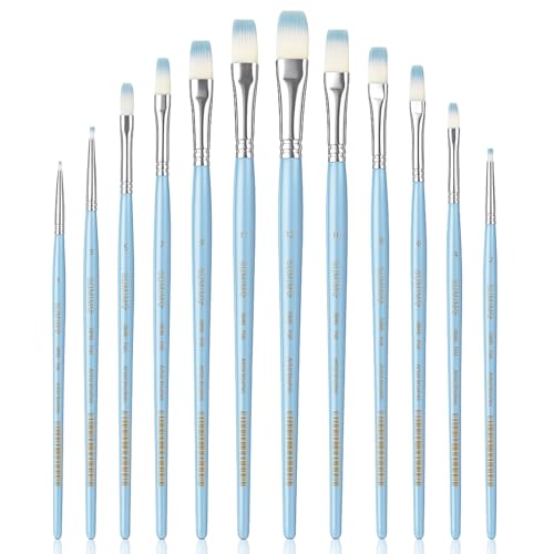 12 Pcs Flat Professional Artist Watercolor Paint Brush Set, Blue - color: Blue, size: Flat