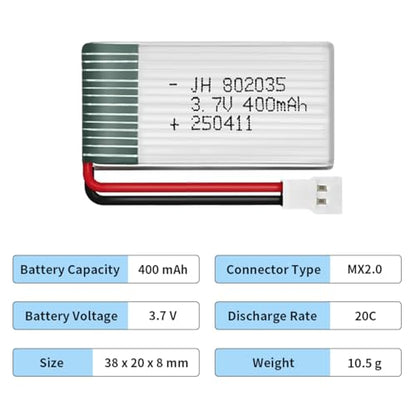 2Pcs 3.7V 400mAh Lipo Battery for RC Toy & Model (MX2.0) - size: 400mAh-MX2.0