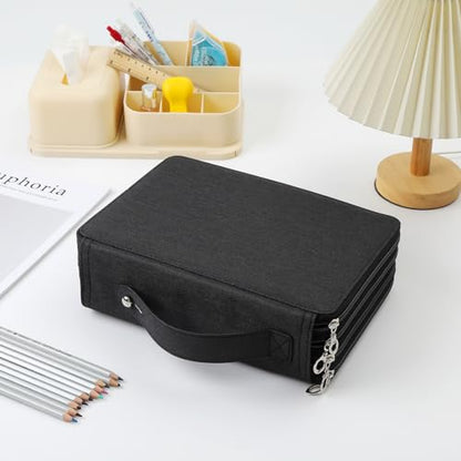 Canvas 200 Slots Pencil Case 4-Layer Zipped Holder w/Handle - color: Black, size: 200