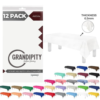 Grandipity Plastic Table Cloth Disposable 12 Pack 54” x 108” Rectangle - color: White, size: 54in. x 108in. Rectangle