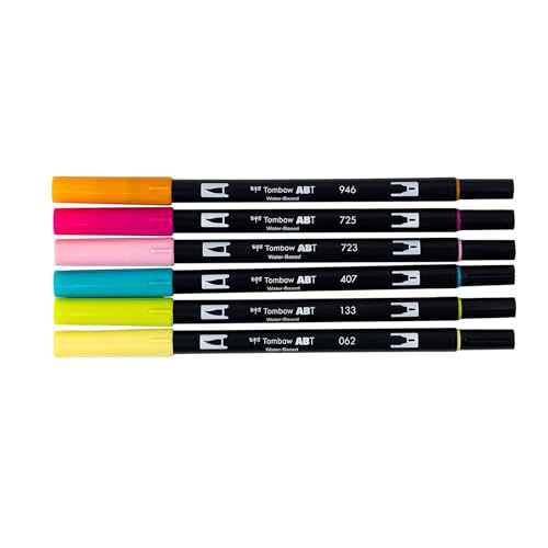 Tombow 56243 Dual Brush Pen Art Markers, Happy Hour, 6-Pack. Brush/Fine Tip