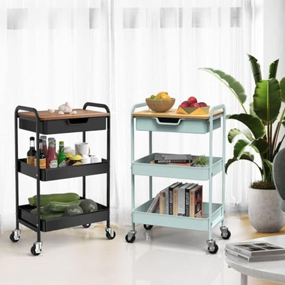 3 Tier Rolling Cart with Drawer, Metal Utility Cart with Table Top - color: Black