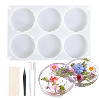 Silicone Resin Coaster Mold Set, 3.93-Inch Round, 0.82-Inch Deep Reusable Flexible Mold for Epoxy Resin Casting with 3 Tools, LeilieCSC