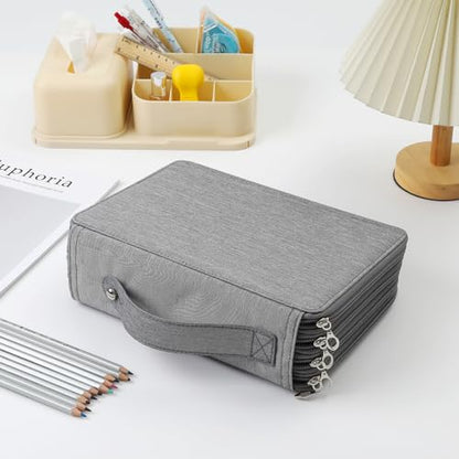 Canvas 200 Slots Pencil Case 4-Layer Zipped Holder w/Handle - color: Grey, size: 200