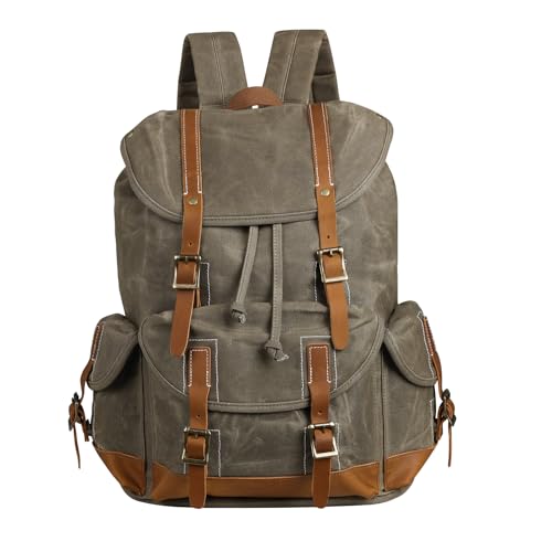 Heavy-Duty Waxed Canvas Rucksack Backpack - color: Olive Green, size: 400 x 340 x 190 mm - Standard
