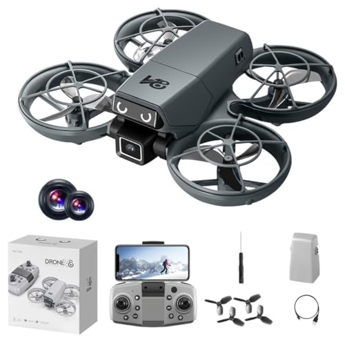Cute Mini Beginner Camera Drone, 720P HD FPV RC Quadcopter. Equipped with standard battery for extended flight time and more fun. Features glowing eye LED lights & flashing tail lights, intelligent obstacle avoidance, optical flow positioning, 90° adjusta