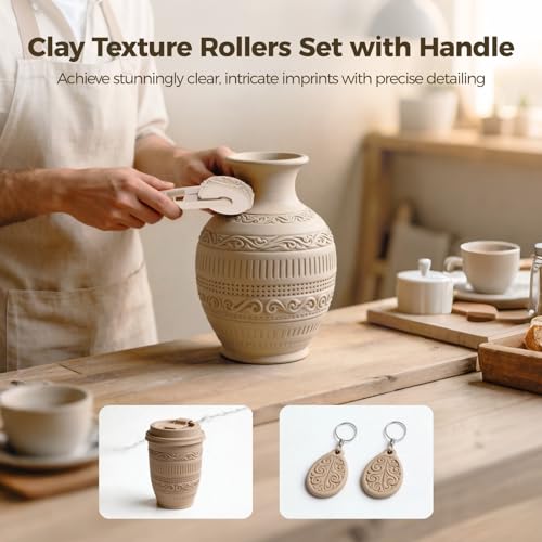 Clay Texture Rollers Set with Handle, 2.36 in Diameter 6 Pattern Clay Textured Rolling Pins for Pottery, Dough, Fondant, Biscuit, Reusable Arts & Crafts
