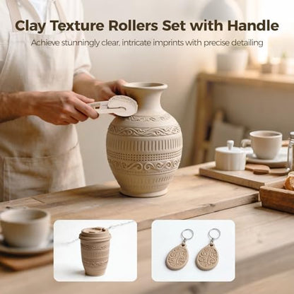 Clay Texture Rollers Set with Handle, 2.36 in Diameter 6 Pattern Clay Textured Rolling Pins for Pottery, Dough, Fondant, Biscuit, Reusable Arts & Crafts