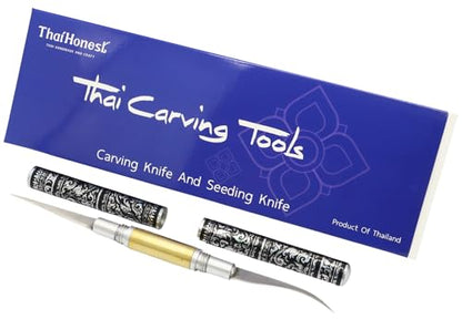 Thai Fruit Carving Knife –2 Inch Double-Sided Blade (Curved & Straight) with Decorative Black Thai Pattern Handle – Precision Tool for Vegetable and Fruit Art, Handcrafted for Culinary Detailing
