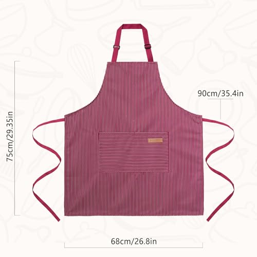 2 Pack Cooking Aprons Adjustable Bib Apron for Women with 2 Pockets, Kitchen Restaurant Men Chefs Aprons - color: Black/Wine Stripes