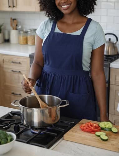 Pinknoke Cute Cotton Pinafore Aprons for Women with Pockets for Kitchen - color: Navy Blue