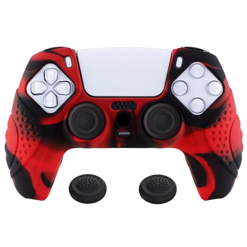 eXtremeRate PlayVital Guardian Edition Ergonomic Soft Anti-Slip Controller Silicone Case Cover for ps5, Rubber Protector Skins with Black Joystick Caps for ps5 Controller - Red & Black - color: Red & Black