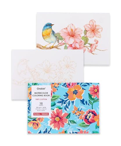 Grabie Watercolor Coloring Book, 15 A5 Cotton Sheets, Flower Themed - color: Floral