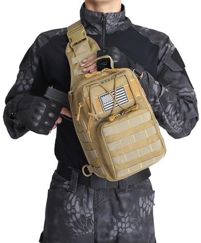 Tactical Sling Backpack Bag Pack for Men Military One Strap Shoulder Backpack Crossbody Bag With Holster 10 Liters - color: Black Tan 2