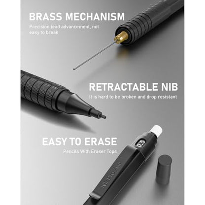 Nicpro 0.5 mm Mechanical Pencils Set with Case, Full Metal Pencil, 3 Pack - color: Black, style: 0.5 MM