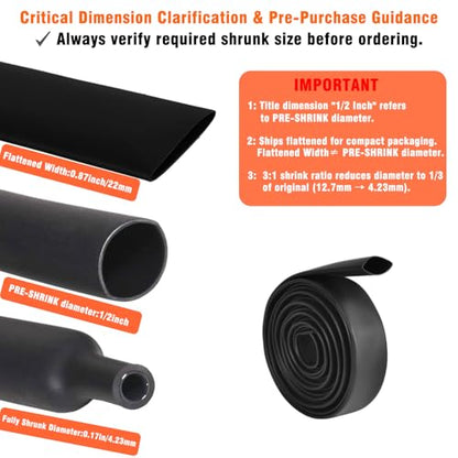 1/2 Inch(12.7mm) Heat Shrink Tubing - 10 Ft 3:1Ratio Waterproof Heat Shrink Tubing,1/2" Pre-Shrink Diameter,0.17" Shrunk, Adhesive Lined, Dual Wall Adhesive Shrinkable Wire Wrap Tube - color: Black, size: 1/2"(12.7mm)-10Ft