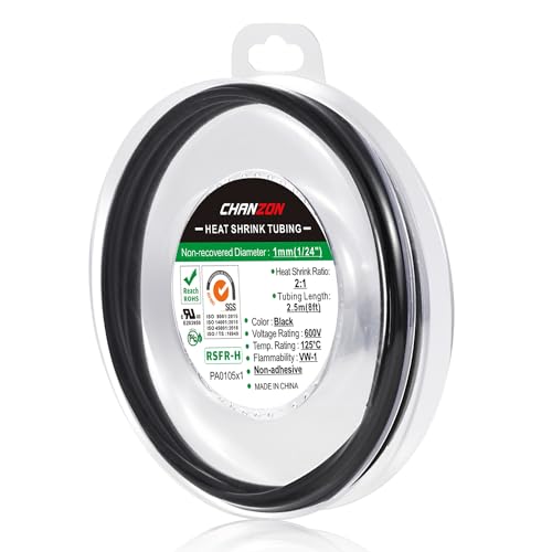 Chanzon 2:1 Ratio 1/24" (1mm) Heat Shrink Tubing 8Ft Roll Black - color: Black, size: 1mm (1/24") - 8FT