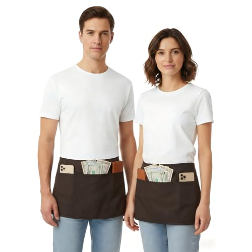 BOHARERS Waist Apron with 3 Pockets - Brown Waitress Waiter Server Short Apron（brown） - color: 1 Pack Brown